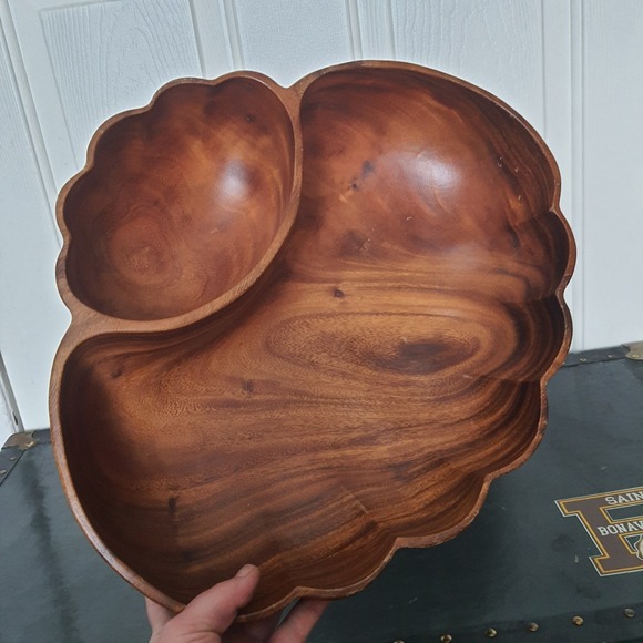 Vintage Hand Made Monkey Pod 2 Compartment Shell Scallop Wood Salad Chip Bowl - Picture 4 of 5